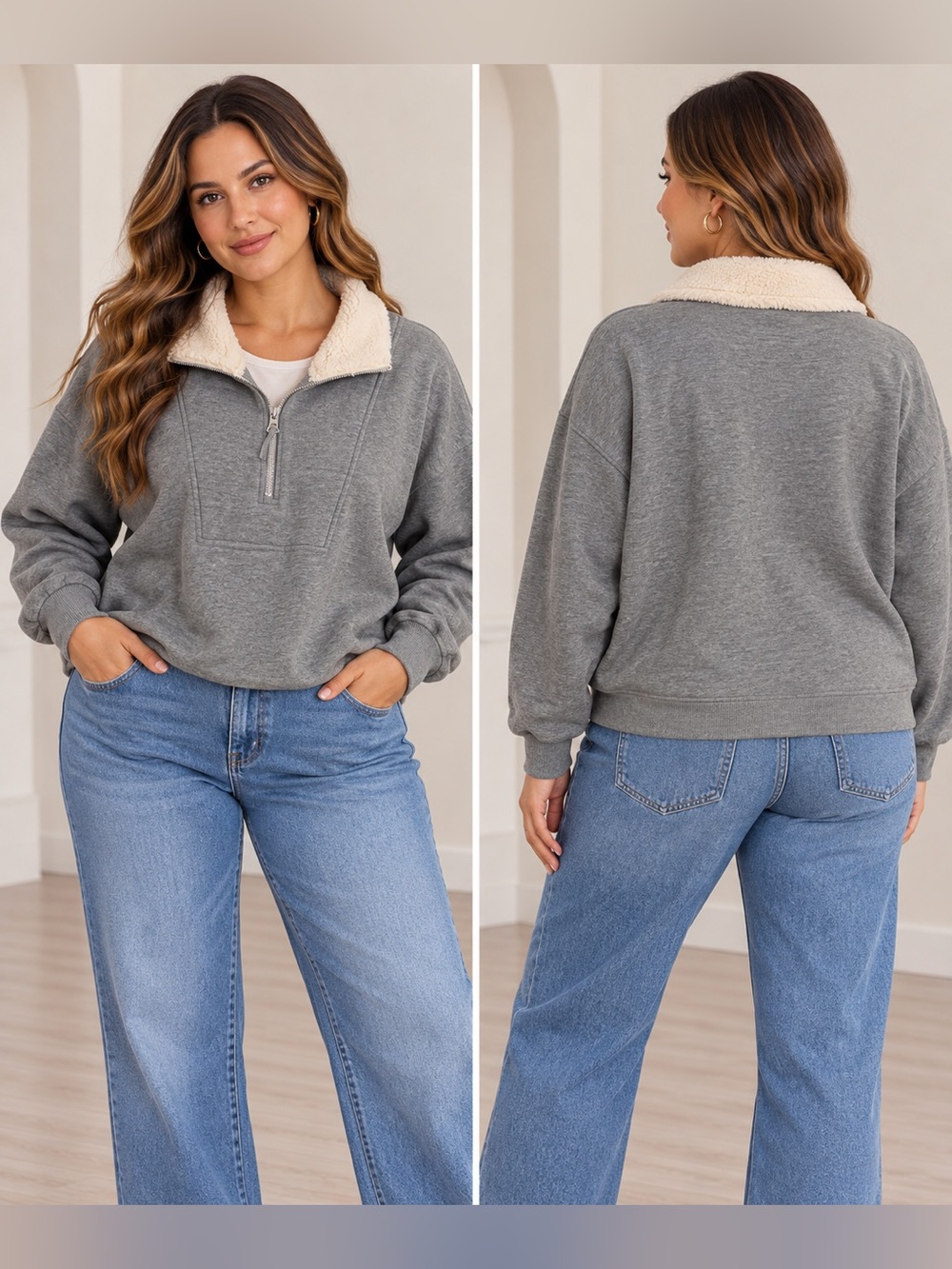 Cozy Grey Half-Zip Sherpa Collar cotton Sweatshirt